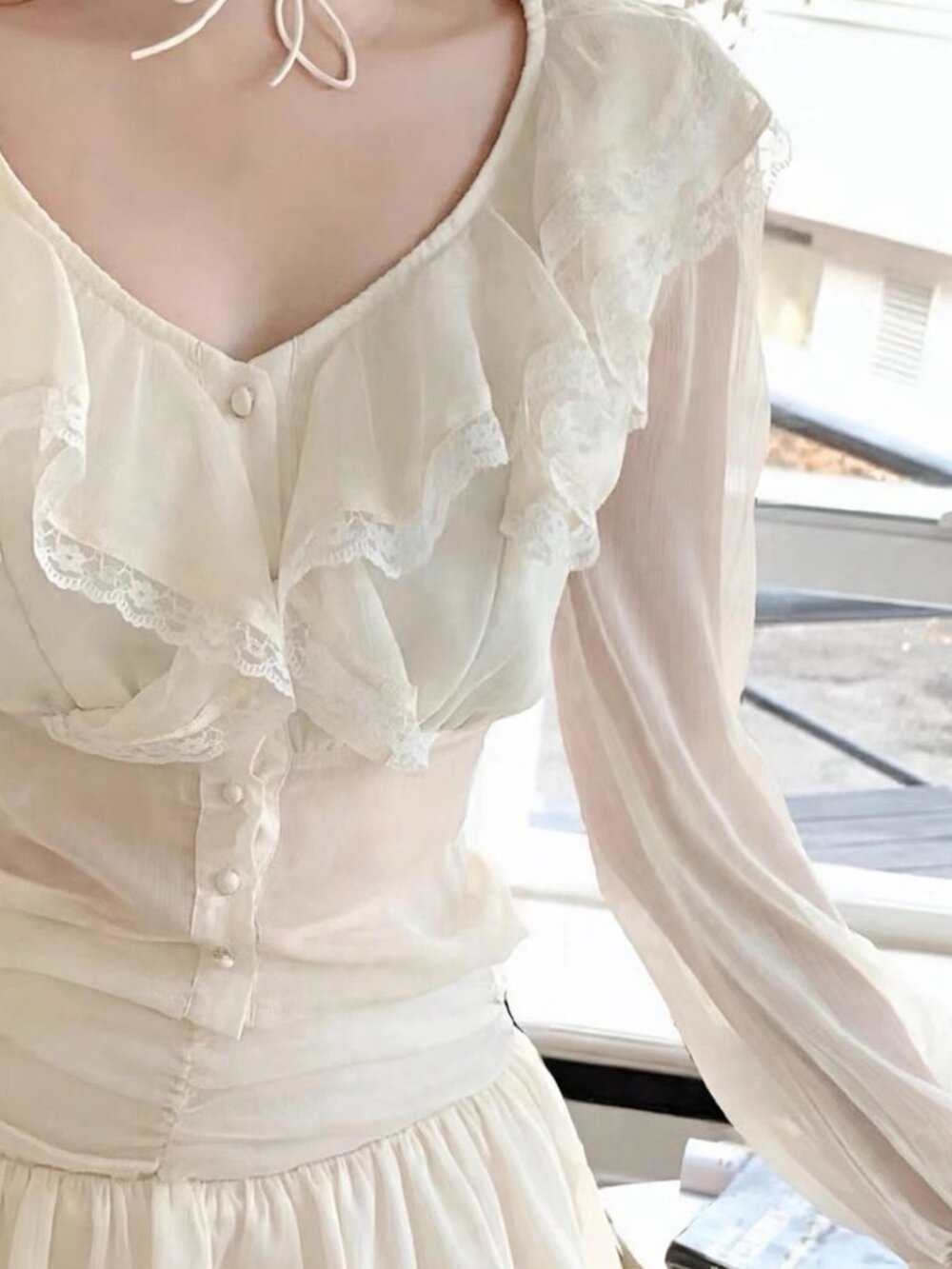 Cream White Chiffon Blouse Lace Ruffle Collar Lantern Sleeve Coquette